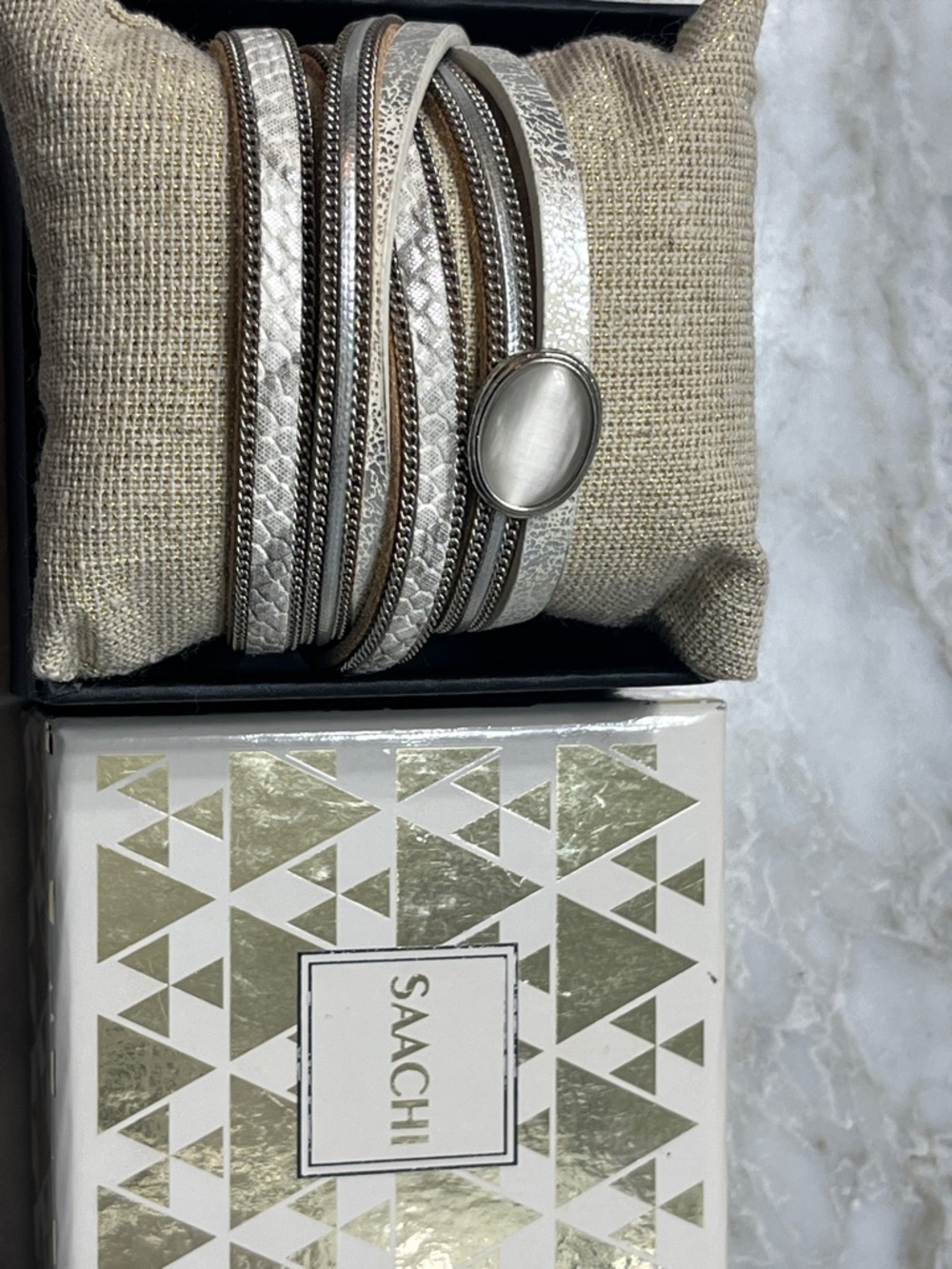 SAACHI Silver Multi-Strap Wrap Bracelet W/ Cabochon Moonstone like Stone